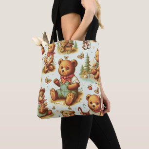 Bolsa Tote Padrão de Urso de Corda de Corte Vintage