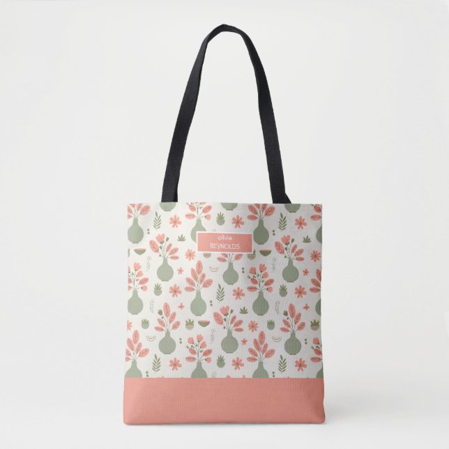 Bolsa Tote Padrão de Vase Floral Suave com Nome (Frente)