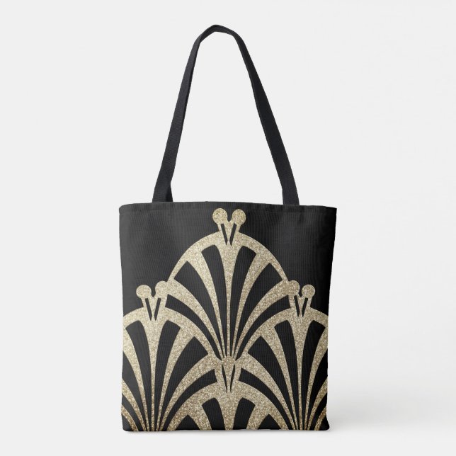 Bolsa Tote Padrão de ventoinha Art deco bronze preto elegante (Verso)