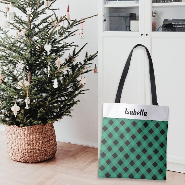Bolsa Tote Padrão de Verificação de Buffalo de Xadrez Verde P (An elegant personalized tote bag, ideal for Christmas shopping, with green buffalo check pattern)