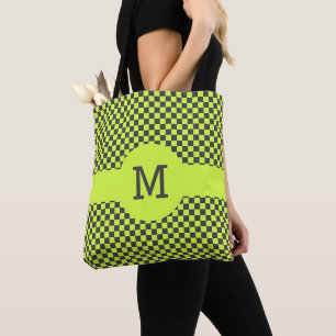 Bolsa Tote Padrão de Verificação de Cinzas e Verde Vibrante M