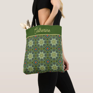 Bolsa Tote Padrão de vinheta em verde com flores azuis