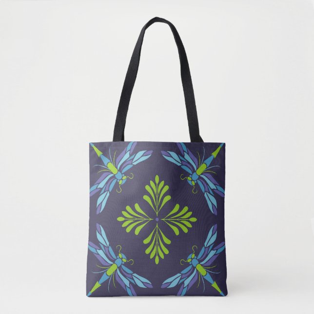 Bolsa Tote Padrão de vinheta libélula azul verde sobre fundo  (Frente)