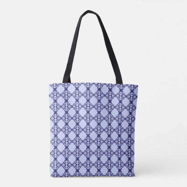 Bolsa Tote Padrão de Visual Mediterrâneo Azul e Azul Claro (Verso)