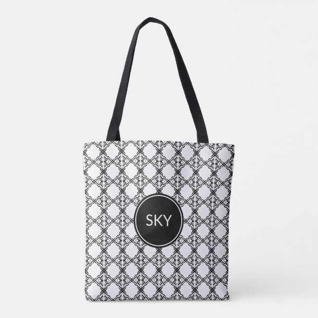 Bolsa Tote Padrão de visual mediterrâneo preto e branco moder (Verso)