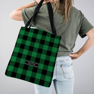 Bolsa Tote Padrão de Xadrez de Buffalo Verde Monograma de Bri