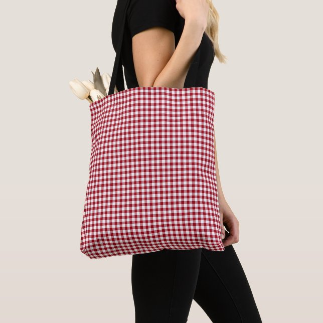 Bolsa Tote Padrão de Xadrez Gingham Vermelho e Branco Fofo (Close Up)