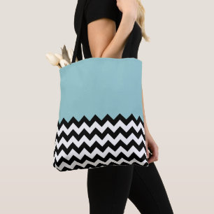 Bolsa Tote Padrão de ziguezague preto e branco, Chevron, azul