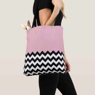 Bolsa Tote Padrão de ziguezague preto e branco, Chevron, rosa