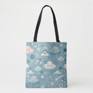 Bolsa Tote Padrão do Céu Whimsical com Nuvens, Estrelas - Azu