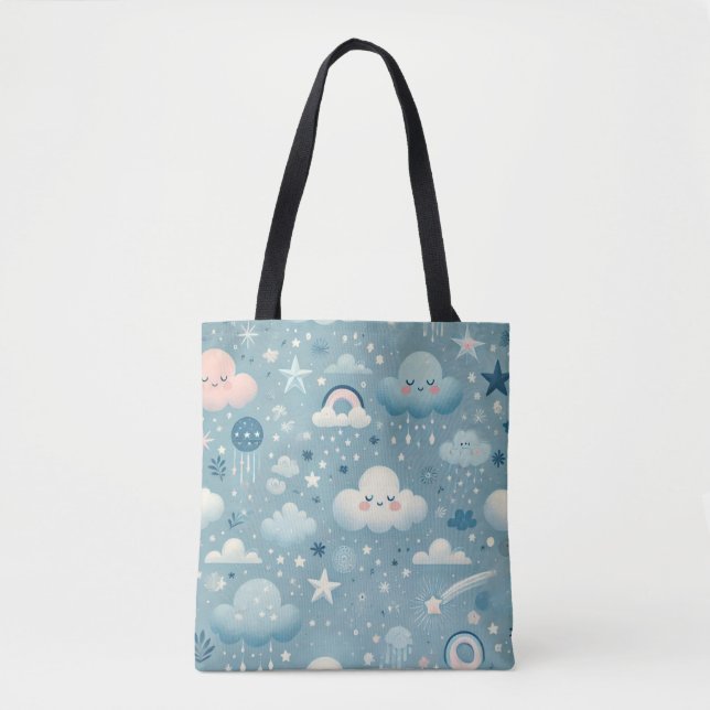 Bolsa Tote Padrão do Céu Whimsical com Nuvens, Estrelas - Azu (Frente)