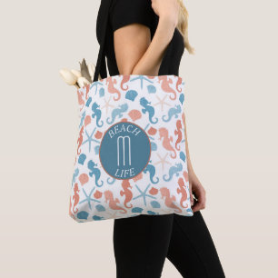 Bolsa Tote Padrão do Monograma Náutico Azul Coral