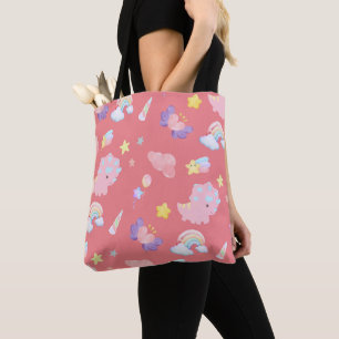 Bolsa Tote Padrão do pastel arco-íris de dinossauro rosa-doce