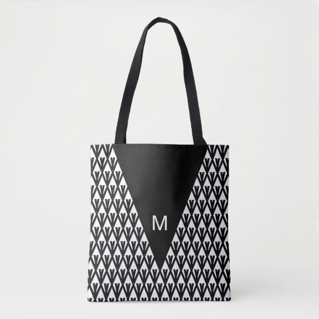 Bolsa Tote Padrão e Monograma do Diamante Branco Preto Elegan (Frente)