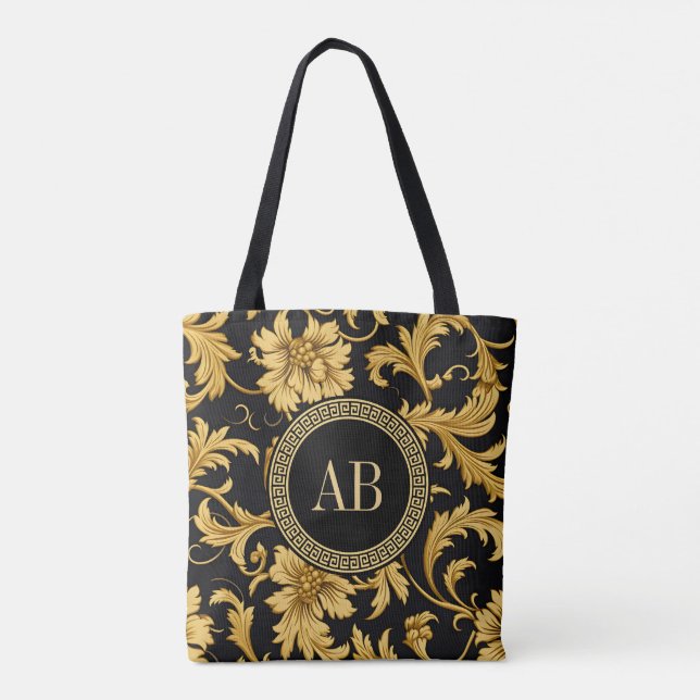 Bolsa Tote Padrão Elegante de Clássica Dourada do Monograma (Verso)