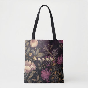 Bolsa Tote padrão elegante de flor escura com nome