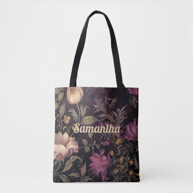 Bolsa Tote padrão elegante de flor escura com nome (Frente)