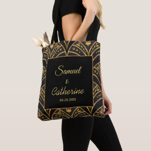Bolsa Tote Padrão Escalonado de Deco de Arte Preta Dourada P