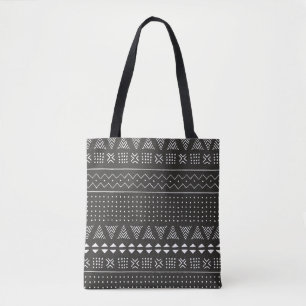Bolsa Tote Padrão étnico tribal negro e branco com geometr