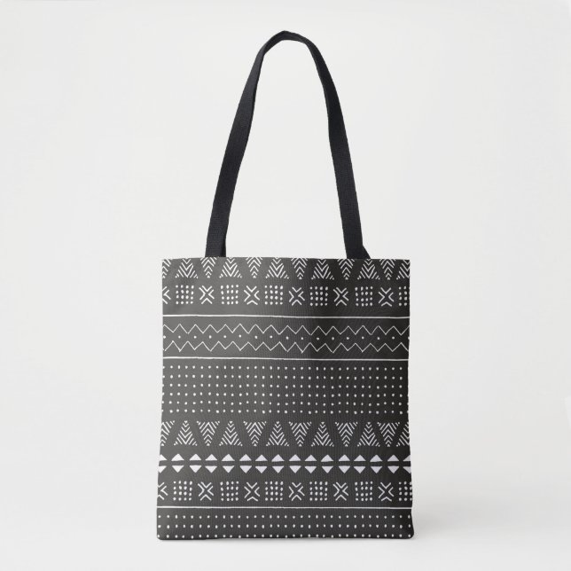 Bolsa Tote Padrão étnico tribal negro e branco com geometr (Frente)
