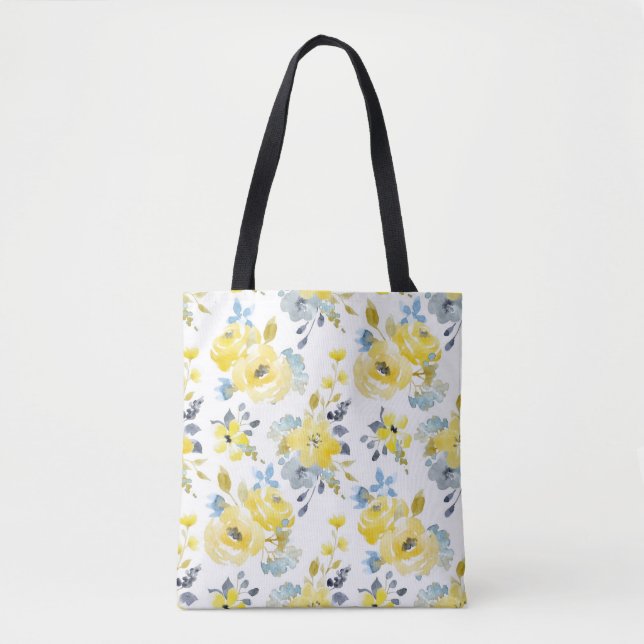 Bolsa Tote Padrão Floral Amarelo de Aquarela (Frente)