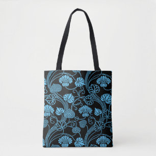 Bolsa Tote Padrão Floral Antigo Preto no Azul