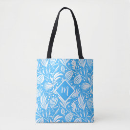 Bolsa Tote Padrão Floral Azul Tropical com Monograma de Diama