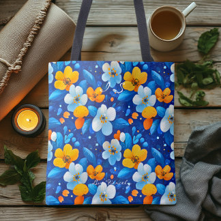 Bolsa Tote Padrão Floral Azul Vibrante – Botânica Colorida