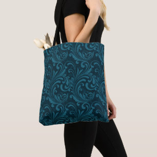 Bolsa Tote Padrão Floral Barroco Azul Turquesa Elegante