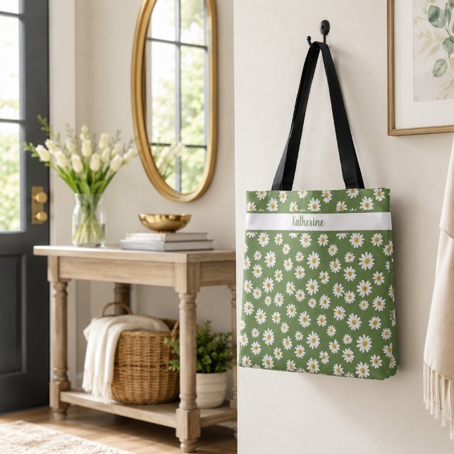 Bolsa Tote Padrão Floral Boho Daisy Verde Nome  (Criador carregado)