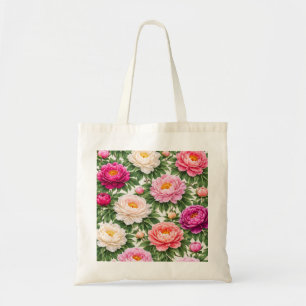 Bolsa Tote Padrão Floral Botânico Peônia Rosa Branco e Magent