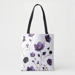Bolsa Tote Padrão Floral Botânico Roxo e Dourado 3D Elegante