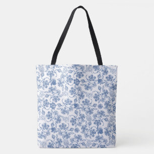 Bolsa Tote Padrão Floral Branco e Azul Chic Indigo