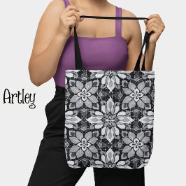 Bolsa Tote Padrão Floral Branco e Preto do Estilo Vintage