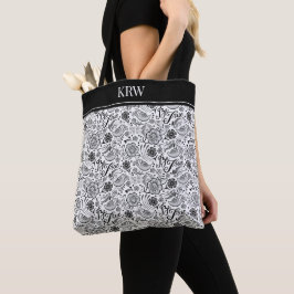 Bolsa Tote Padrão Floral Branco Monograma