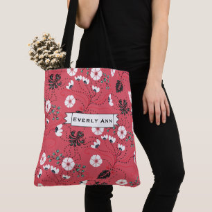 Bolsa Tote Padrão Floral Branco-Preto-Rosa