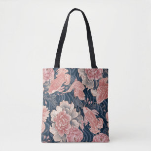 Bolsa Tote Padrão Floral Chinoiserie Azul Rosa Koi
