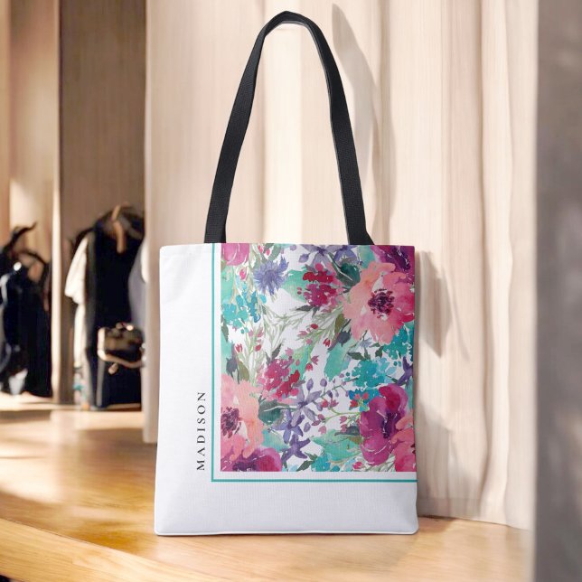 Bolsa Tote Padrão Floral Colorido de Aquarela Feminina (Personalize with your name.)