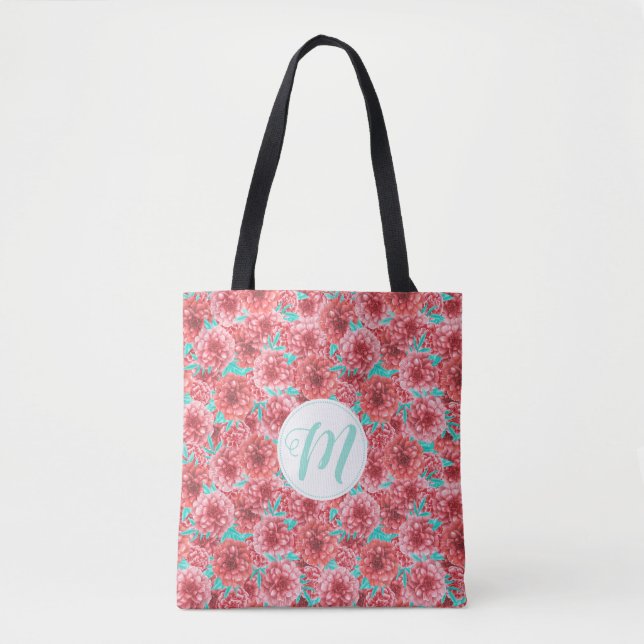 Bolsa Tote Padrão Floral Coral e Monograma (Frente)