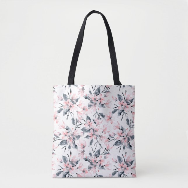 Bolsa Tote Padrão Floral de Aquarela Rosa e Cinza (Frente)