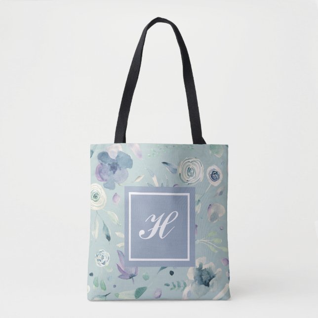 Bolsa Tote Padrão Floral de Aquarela Violeta Azul Monograma (Frente)