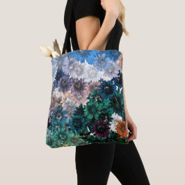BOLSA TOTE PADRÃO FLORAL DE CRISÂNTEMO AZUL E TERRACOTA