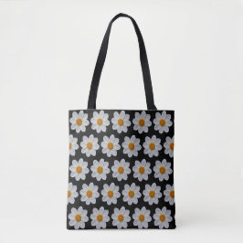 Bolsa Tote Padrão Floral de Dahlia Branca em Preto