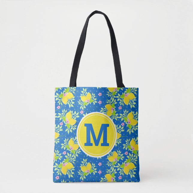 Bolsa Tote Padrão Floral de Limões Amarelos e Azul de Summery (Frente)