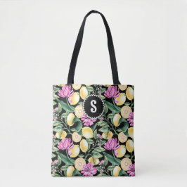 Bolsa Tote Padrão Floral de Limões e Tulipas | Monograma de C