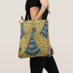 Bolsa Tote Padrão Floral de Pavão Azul Art Nouveau Antigo
