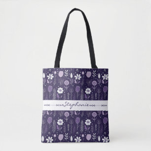 Bolsa Tote Padrão floral delicado de cor púrpura e branca