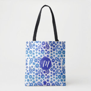 Bolsa Tote Padrão Floral e Monograma Desenhado à Mão Azul na 