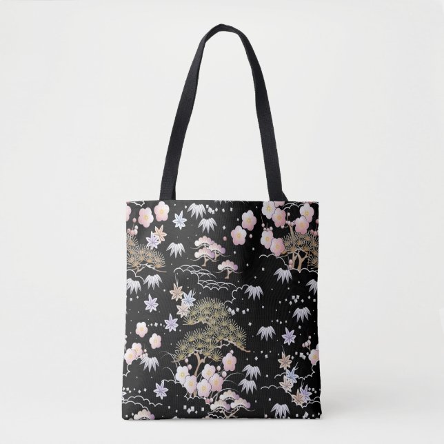 Bolsa Tote Padrão Floral Elegante Do Flor De Cereja Rosa Pret (Frente)