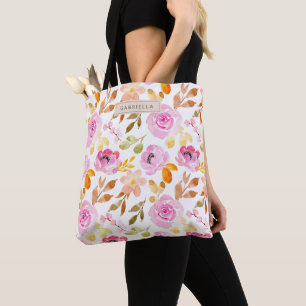 Bolsa Tote Padrão Floral em Aquarela Rosa de Verão Feminino 